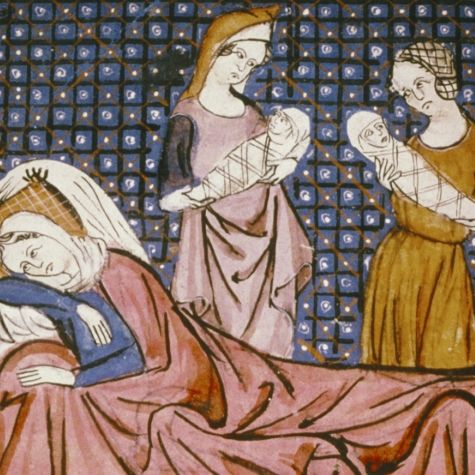 Średniowieczny poród według miniatury z XII wieku.