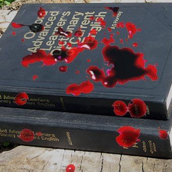 Tłumaczka, która zginęła przez pomyłkę... (słowniki fot. Victor Korniyenko , lic. CC BY-SA 3.0, krew fot. Nyki m, lic. CC BY 3.0).