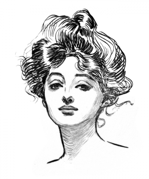 Fryzury elegantek z przełomu XIX i XX wieku na pewno tak dobrze nie wyglądały... Rysunek Charlesa Gibsona, około 1900 roku 