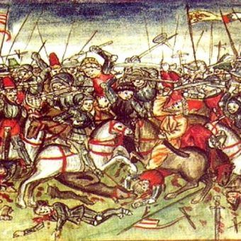 Krwawa bitwa nad rzeką Lech na ilustracji Hektora Mülicha (1415-1490), pochodzącej z kroniki Norymbergi z 1457 roku autorstwa Sigmunda Meisterlina (źródło: domena publiczna). Krwawa bitwa nad rzeką Lech na ilustracji Hektora Mülicha (1415-1490), pochodzącej z kroniki Norymbergi z 1457 roku autorstwa Sigmunda Meisterlina (źródło: domena publiczna).