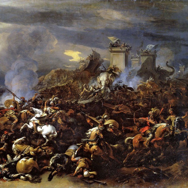 Podboje Alessandra pochłonęły trudną do zliczenia liczbę istnień ludzkich. Na ilustracji obraz Nicolaesa Pietersza Berchema przedstawiający bitwę nad Hydaspes (źródło: domena puliczna).
