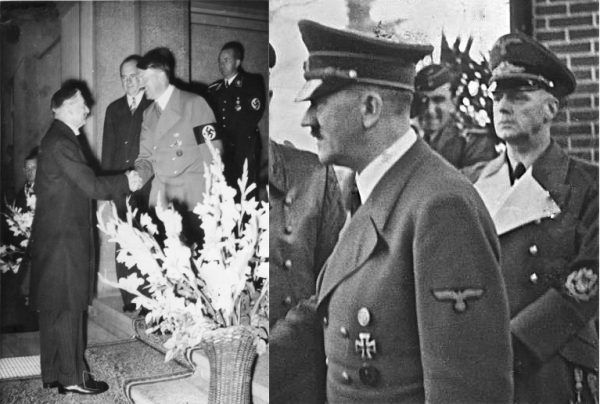 Przebywając jako polski korespondent w Berlinie Smogorzewski poznał nazistowskie elity. Na zdjęciu po prawej Otto Dietrich (z tyłu) na zdjęciu z Hitlerem w 1938 roku, po prawej - Joachim von Ribbentrop z führerem ok. 1940 roku.