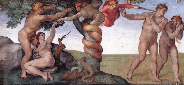 Na wielu chrześcijańskich obrazach w roli zakazanego owocu przedstawia się jabłko. Michał Anioł, malując freski w Kaplicy Sykstyńskiej, zdecydował się jednak na inne rozwiązanie.