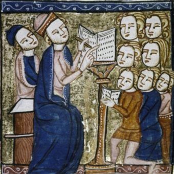 Nauczyciel i uczniowie w średniowiecznej szkole. Angielska miniatura z XIV stulecia.