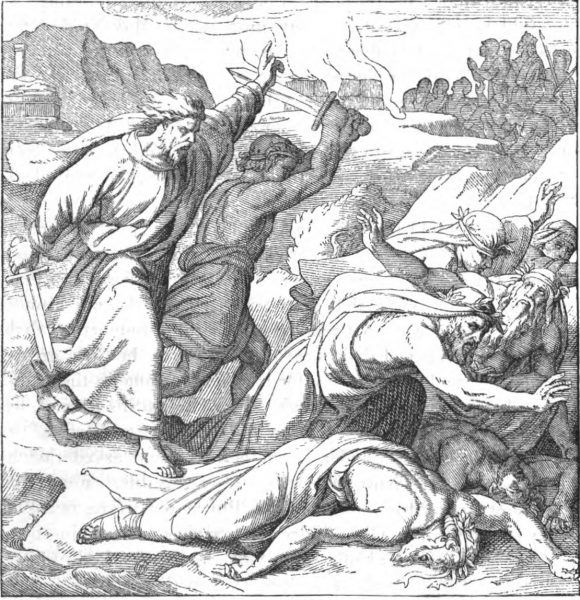 Eliasz zabijający proroków Baala. Rycina biblijna z XIX wieku