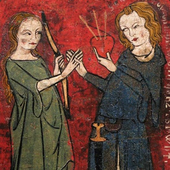 XIV-wieczne niemieckie malowidło przedstawiające scenę miłości dworskiej