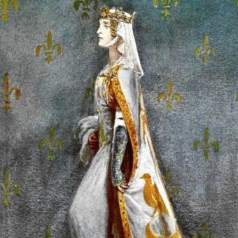 Tak wyobrażano sobie czeską modę dworską XIV stulecia na początku wieku XX. Portret luksemburskiej królewny Anny, wydanej za mąż za władcę Anglii Ryszarda II