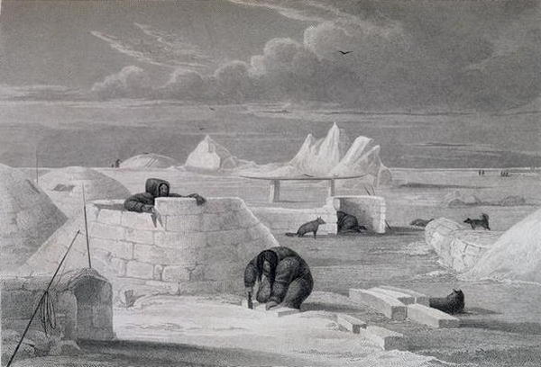 Amundsen zdobył biegun przede wszystkim dzięki skorzystaniu z wiedzy Inuitów. Na ilustracji obraz George'a Francisa Lyona "Inuici budujący igloo" (1824).