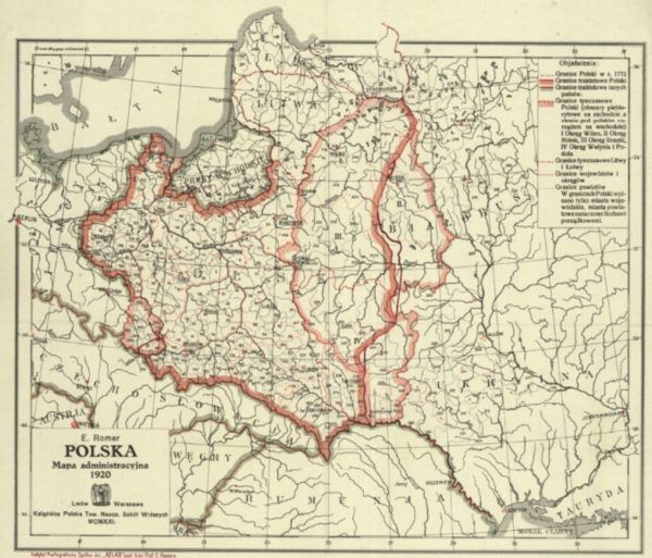 Mapa administracyjna Polski z 1920 roku wykonana przez E. Romera. Na wschodzie widoczne terytoria, które ostatecznie nie weszły w obszar II Rzeczypospolitej.