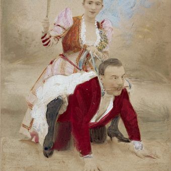 Mężczyzna na czworakac ujeżdzany przez kobietę z pejczem. XIX-wieczna grafika ze zbiorów prof. Kraffta-Ebinga.