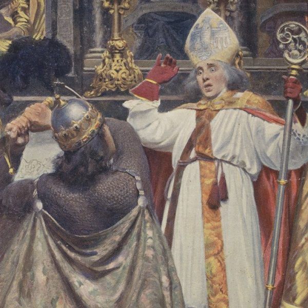 Śmierć biskupa Stanisława na obrazie Aleksandra Augustynowicza. W rzeczywistości śmierć przyszłego świętego na pewno wyglądała inaczej.