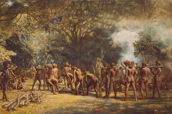 Uczta kanibali z wyspy Tanna. Obraz Charlesa E. Gordona Frazera.