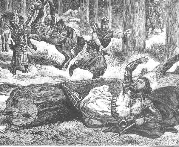 Królewski wypadek na polowaniu w wyobrażeniu Ksawerego Pilatiego. Ilustracja z końca XIX wieku