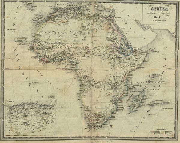 Mapa Afryki z 1851 roku z zaznaczoną czerwonym kolorem Liberią. Mapa Afryki z 1851 roku z zaznaczoną czerwonym kolorem Liberią.