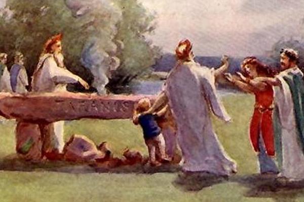 XIX-wieczny rysunek przedstawiający druidów składających w ofierze dziecko.