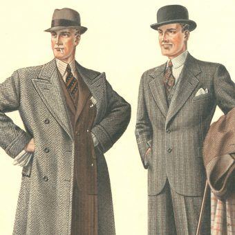 Wytworni przedwojenni dżentelmeni. Ilustracja z katologu mody męskiej z 1935 roku