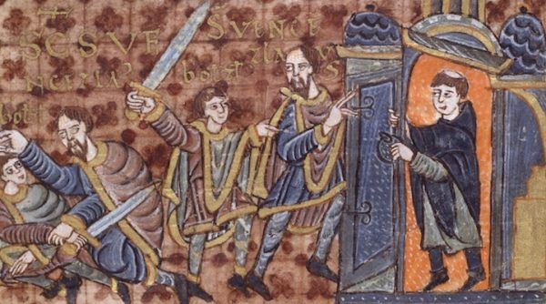 Na ilustracji Bolesław morduje Wacława, a przekupiony duchowny odcina ofierze drogę ucieczki. Iluminacja z jednej z najcenniejszych czeskich ksiąg – kodeksu z Wolfenbüttel.