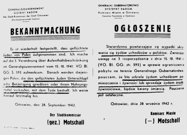 Niemcu nie pozostawiali złudzeń jaki los czeka tych, którzy pomagają Żydom. Na ilustracji ostrzeżenie Bruno Motschalla wobec Polaków ukrywających Żydów.