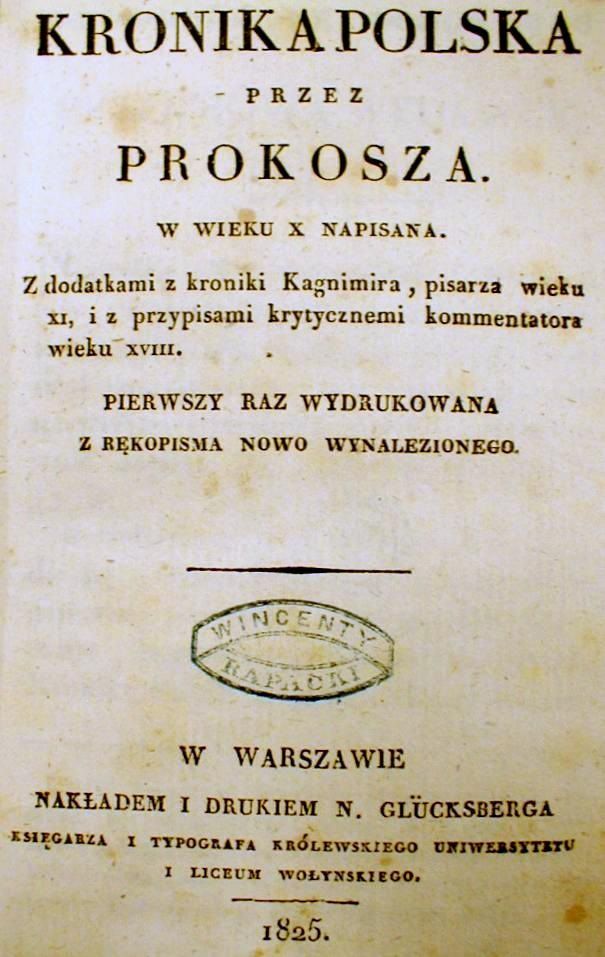 Strona tytułowa pierwszego wydania Kroniki Prokosza z 1825 roku