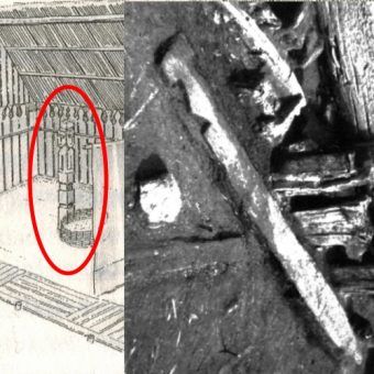 Fragment rekonstrukcji wrocławskiej świątyni według S. Moździocha oraz rzeźbiona dranica z Ostrowa Tumskiego na fotografii wykonanej podczas badań archeologicznych. Fragment rekonstrukcji wrocławskiej świątyni według S. Moździocha oraz rzeźbiona dranica z Ostrowa Tumskiego na fotografii wykonanej podczas badań archeologicznych.