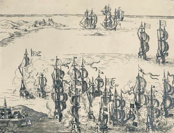 Bitwa pod Oliwą na holenderskim sztychu.