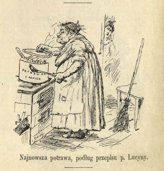 Karykatura Ćwierczakiewiczowej jaka ukazała się w czasopiśmie satyrycznym "Mucha" w 1899 roku, gdy prasa zaczęła krzyżować kucharkę za tekst o pannach do towarzystwa (fot. domena publiczna)