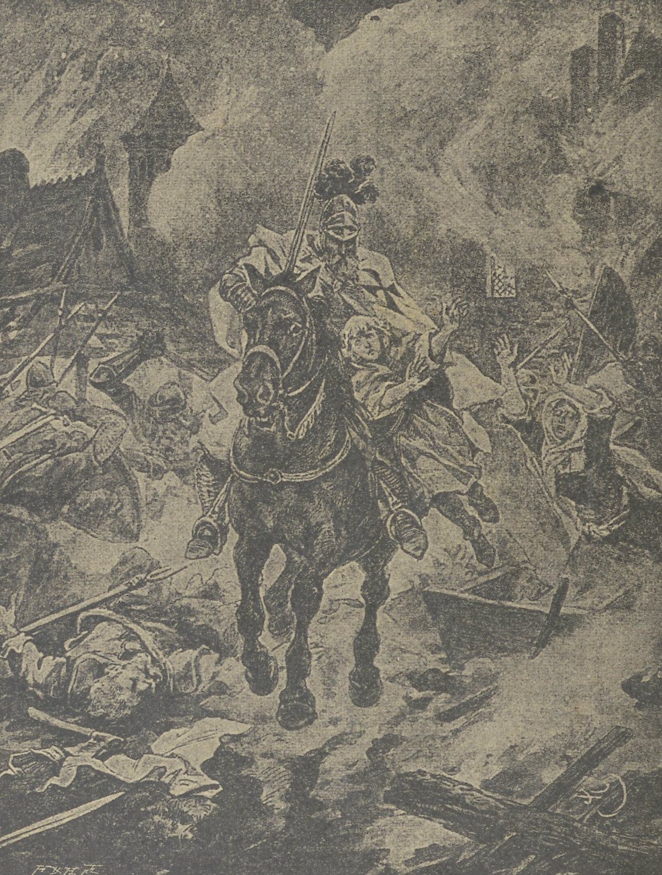 XIX-wieczny rysunek przedstawiający Krzyżaka wracającego z łupem z wyprawy.XIX-wieczny rysunek przedstawiający Krzyżaka wracającego z łupem z wyprawy.