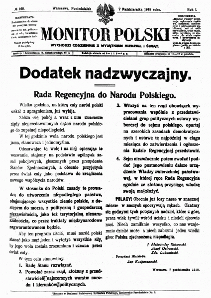 Nadzwyczajne wydanie Monitora Polskiego z odezwą Rady Regencyjnej. Polska deklaracja niepodległości z 7 października 1918 roku