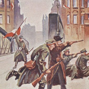 Walki o most Chwaliszewski w Poznaniu. Fragment rysunku Leona Prauzińskiego. Walki w Poznaniu rozpoczęły się wieczorem 26 grudnia 1918 roku.