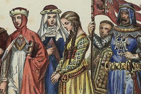 Nie jest znany żaden portret Jadwigi Kaliskiej. Powyżej tablica prezentująca stroje dworskie XIV stulecia. Można sobie wyobrażać, że podobnie ubierała się także polska królowa.