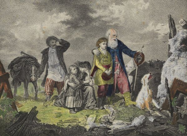 Powrót po tatarskim najeździe na rysunku Leopolda Löfflera. Może i dobytek został zniszczony, ale przynajmniej zrozpaczeni nie trafili na targ niewolników.