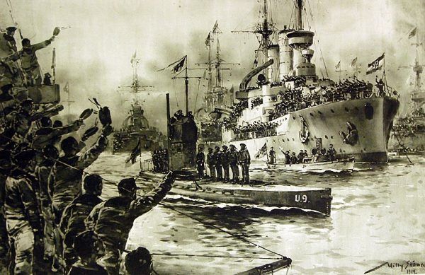 Triumfalny powrót U 9 do Wilhelmshaven po rejsie zakończonym zatopieniem trzech krążowników. Rysunek prof. Williego Stöwera.