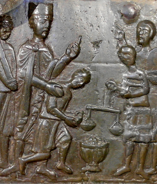 Bolesław I Chrobry wykupuje ciało Świętego Wojciecha z rąk Prusów, fragment Drzwi Gnieźnieńskich około 1170 roku