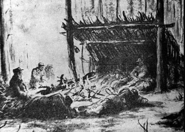 Pierwsza faza budowy łagru w tajdze, do czasu postawienia baraków więźniowie spali w skleconych z gałęzi szałasach. Rysunek nieznanego łagiernika opublikowany w wydawnictwach II Korpusu.