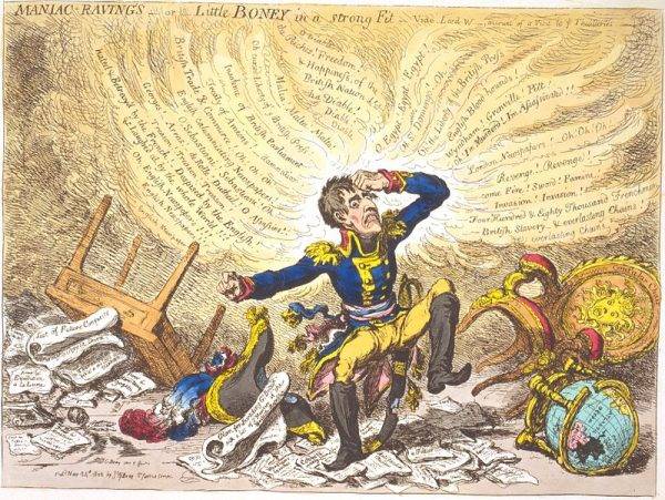 Na karykaturze z 1803 roku „Maniac-raving's-or-Little Boney in a strong fit” Bonaparte ukazany został już jako postać o dość mikrej posturze.