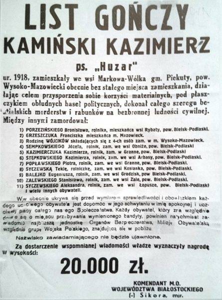 List gończy za Kazimierzem Kamieńskim, wystawiony przez wojewódzkiego komendanta MO, z błędną pisownią nazwiska