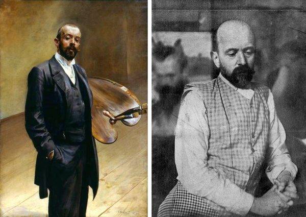 Po lewej: autoportret Jacka Malczewskiego. Po prawej: artysta pozuje na tle swoich prac.