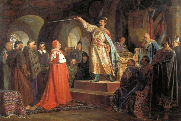 Roman halicki przyjmuje nuncjusza papieskiego, obraz pędzla Nikołaja Newrewa z 1875 roku.