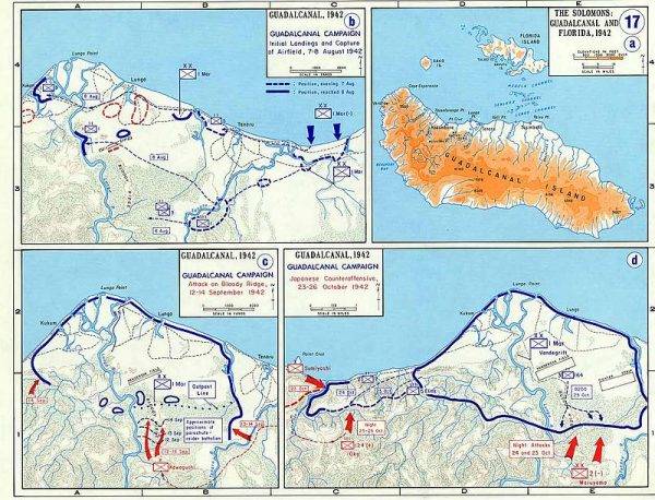 Mapa walk: a/ plan ogólny Guadalcanalu i pobliskich wysp; b/ lądowanie i zajęcie lotniska 7–8 sierpnia 1942; c/ walki o „Bloody Ridge” 12–14 września 1942; d/ japońskie kontruderzenie 23–26 października 1942
