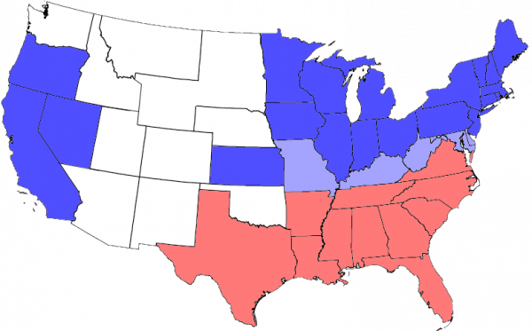 Mapa USA podczas wojny secesyjnej. Czerwień – stany Konfederacji; błękit – stany Unii; jasny błękit – stany Unii, w których legalne niewolnictwo trwało do końca wojny; biel – terytoria zorganizowane.