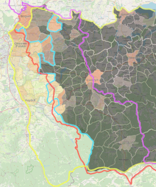 Historyczne granice w zachodniej części Śląska Cieszyńskiego na tle ostatniego spisu austriackiego. Kolorem czerwonym oznaczona została granica Polski po aneksji i korekcie granicznej w 1938 roku.