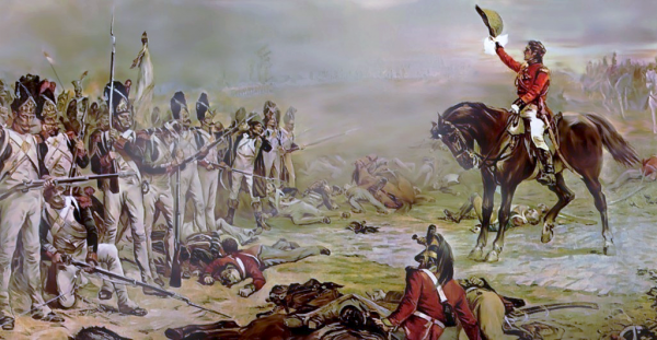 Generał Rowland Hill pod Waterloo wzywający gwardię do kapitulacji.