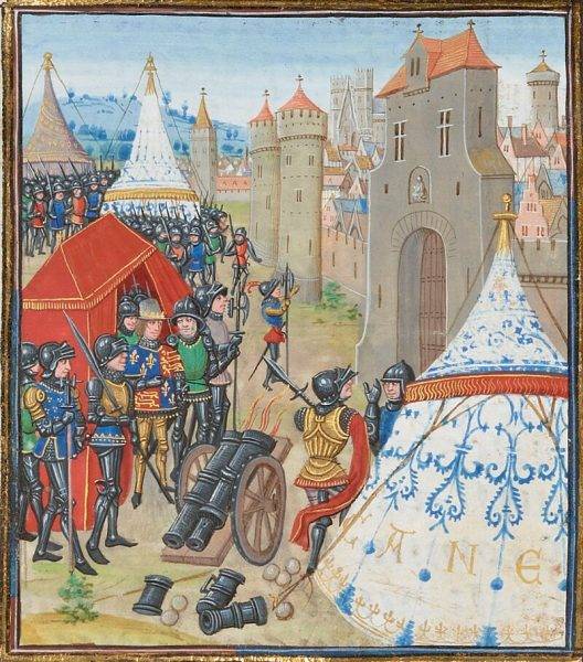 Przystępujący do oblegania miasta Anglicy mieli do dyspozycji cały arsenał środków (na il. .oblężenie Reims przez króla Edwarda III).