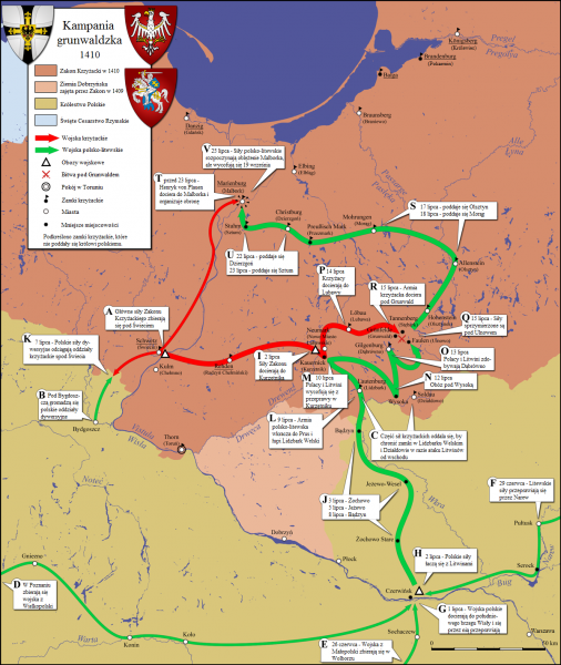 Mapa kampanii grunwaldzkiej w 1410 roku.